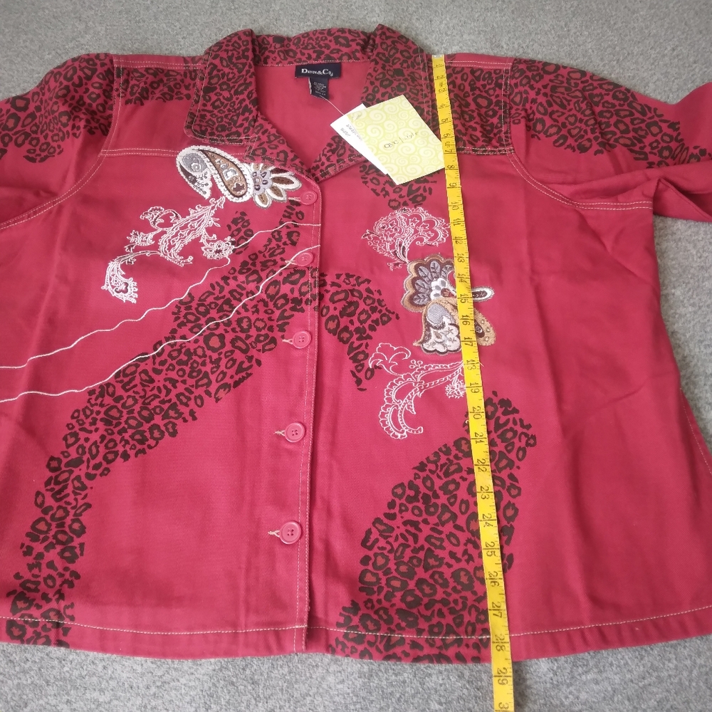 Denim&Co Size 3X Red Jean Jacket Embroidered Animal Print Button Jacket - Picture 6 of 9
